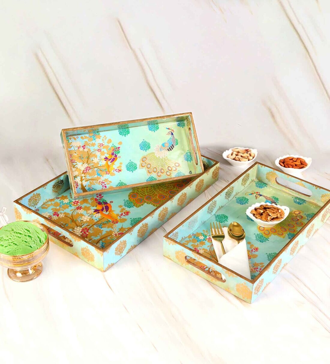Green & Gold MDF Wood Green Peacock (Set of 3) Serving Tray