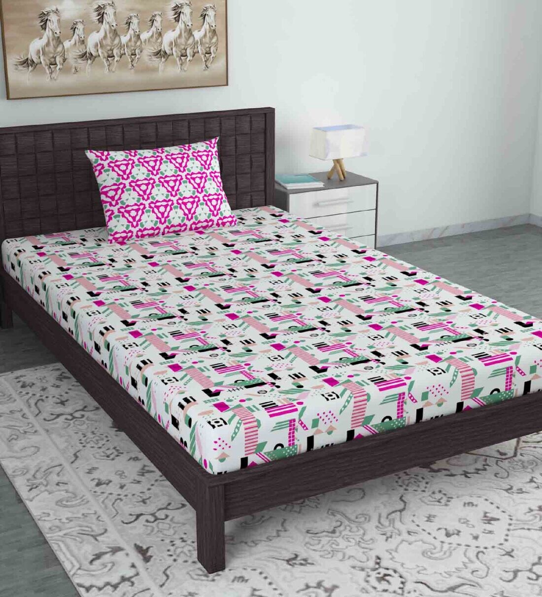 Buy Pink Abstract 144 TC Cotton Single Bed Sized Bed Sheets With 1