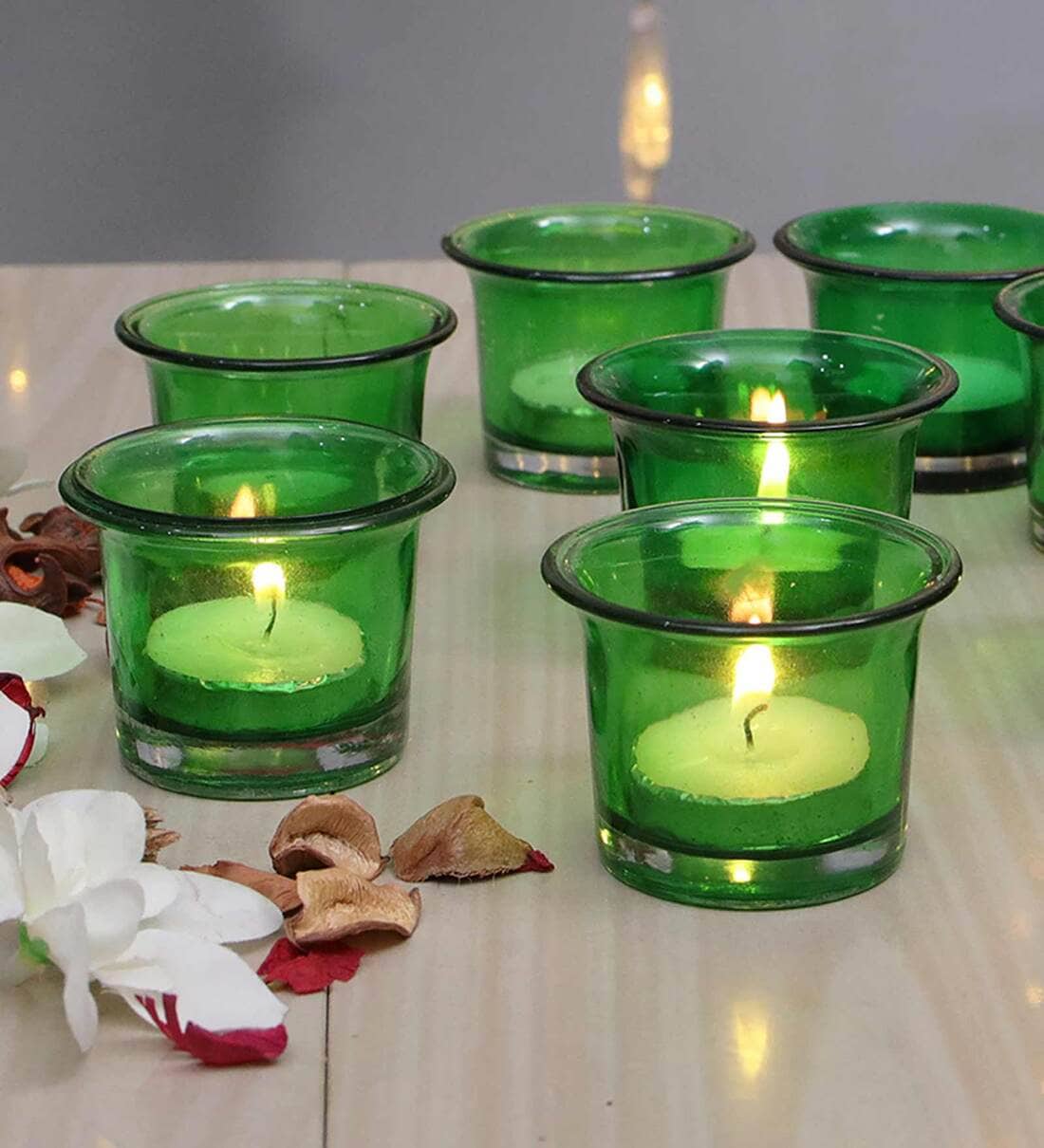 Buy Green Glass Votive & Tea Light Holders (Pack Of 6) Online Table