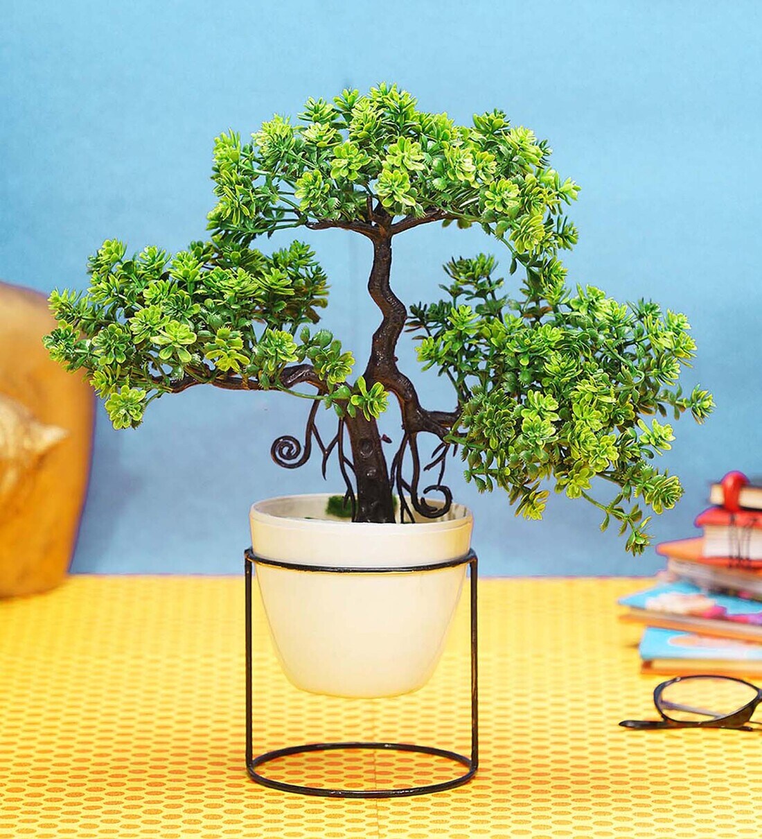 Buy Green Artificail Plant with Pot and Metal Stand By Dekorly Online Artificial Plants