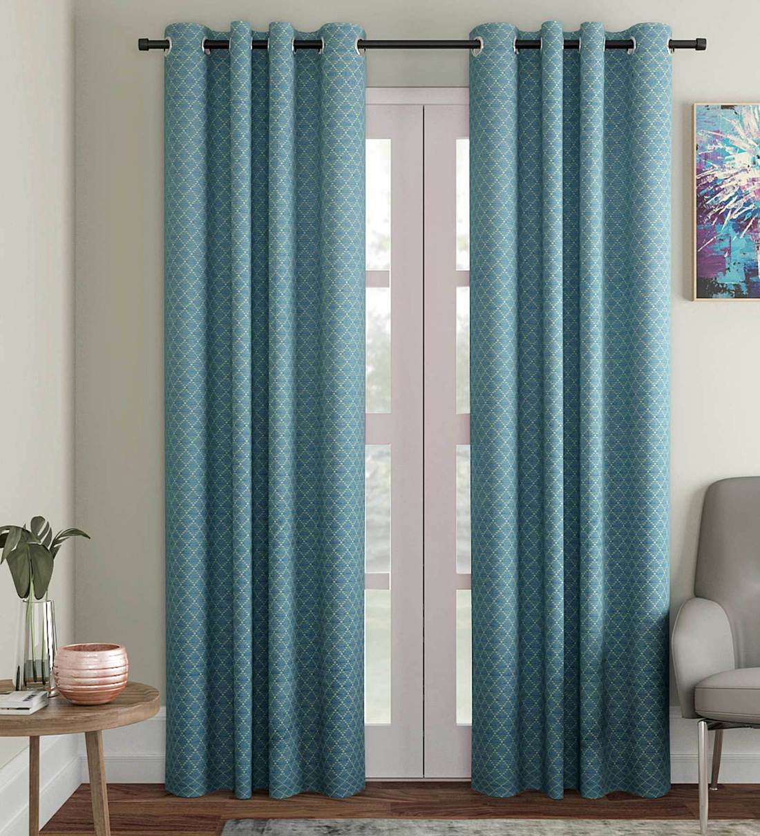 Green Geometric Cotton 7 Ft Light Filtering Eyelet Door Curtain