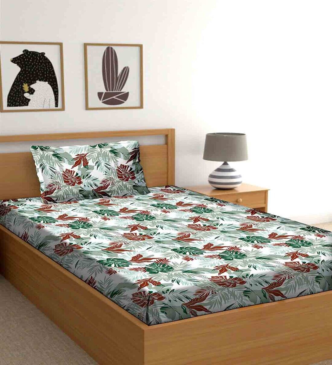 Buy Green Floral 150 TC Cotton Single Bedsheet With 1 Pillow Cover