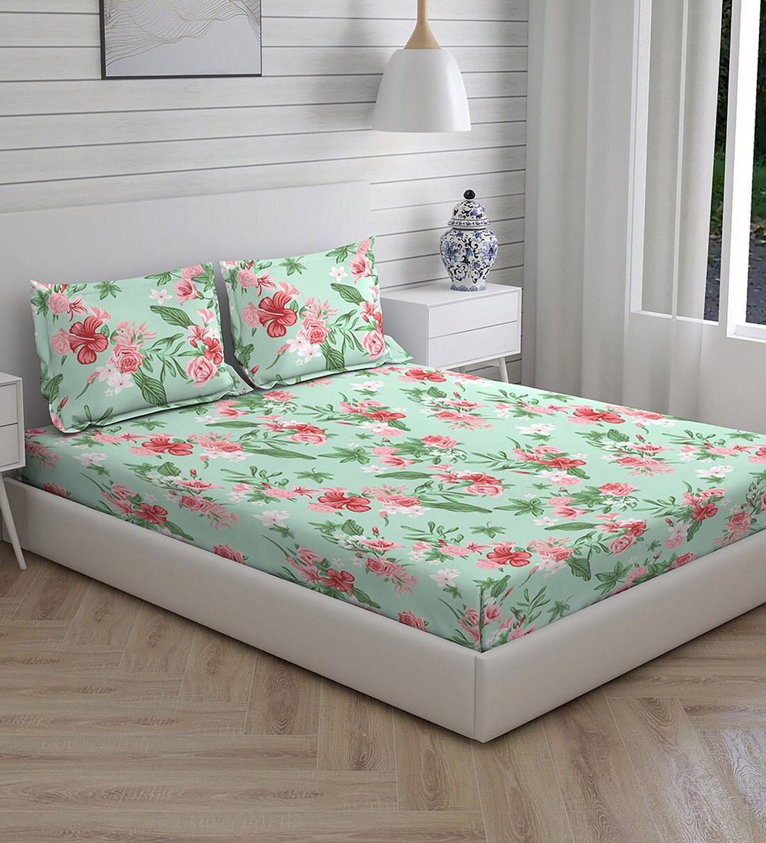 Buy Green Floral 104 Tc Cotton Queen Bedsheet With 2 Pillow Cover