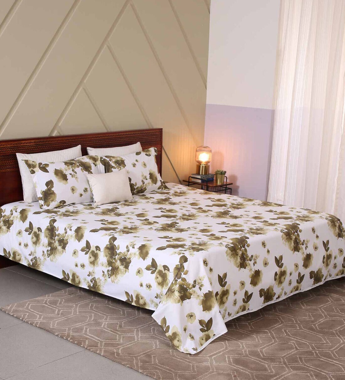 Buy Green Floral 120 TC Cotton King Sized Bed Sheets with 2 Pillow Covers by Raymond Home at 30