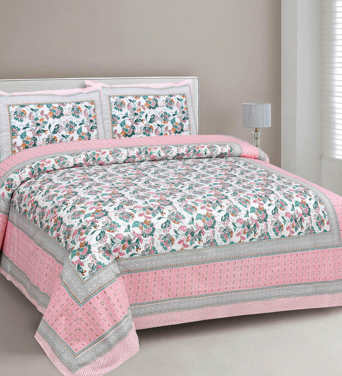 Buy Green Floral 210 TC Cotton King Sized Bed Sheets with 2 Pillow