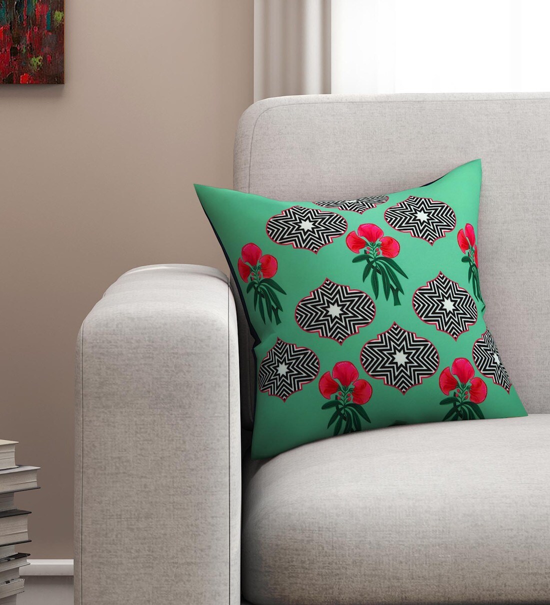 Buy Green Floral & Traditional Poly Cotton 16 x 16 Inches Cushion Cover by SEJ By Nisha Gupta