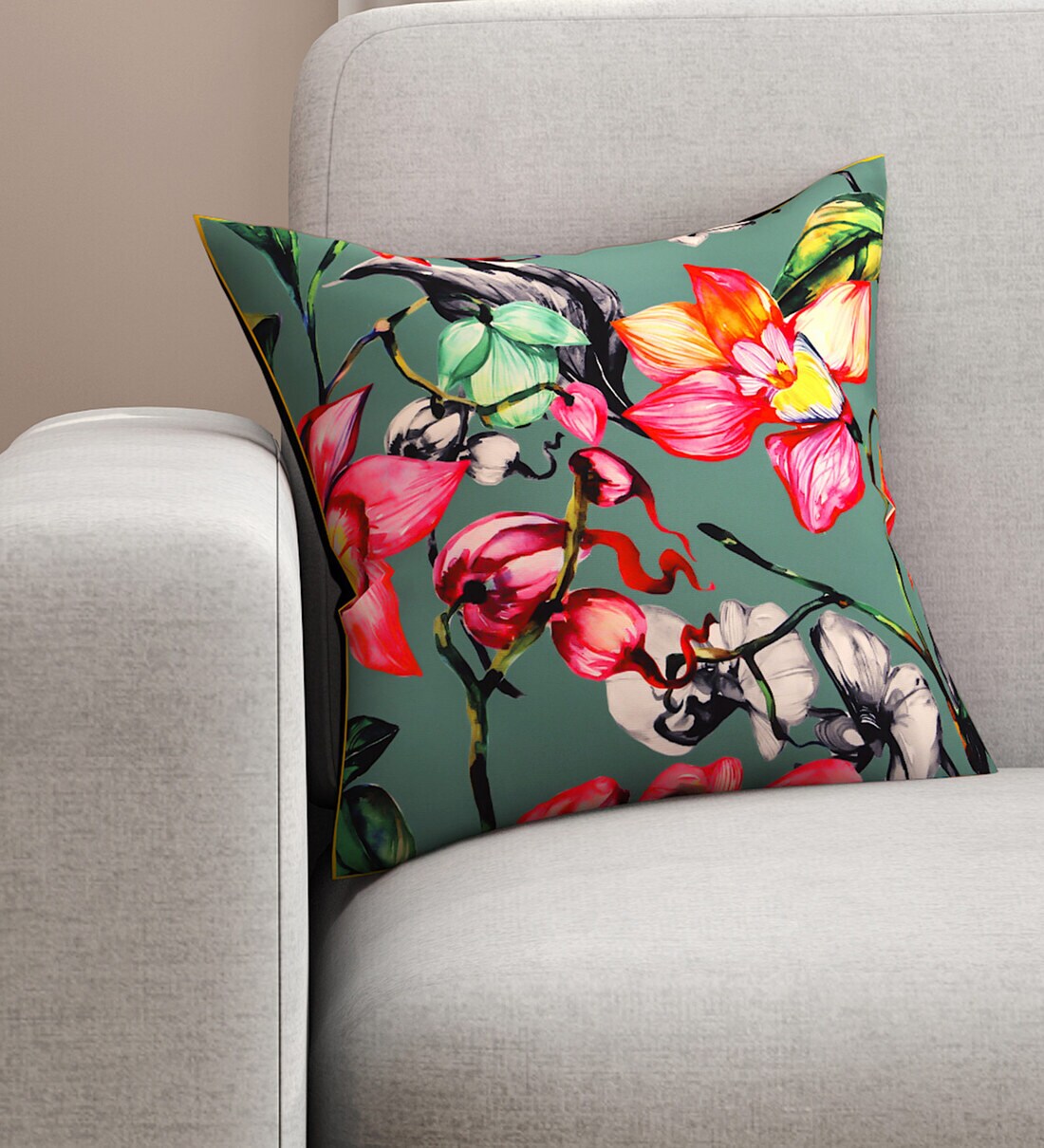 Buy Green Floral Premium 16 x 16 Inches Cushion Cover by SEJ by Nisha