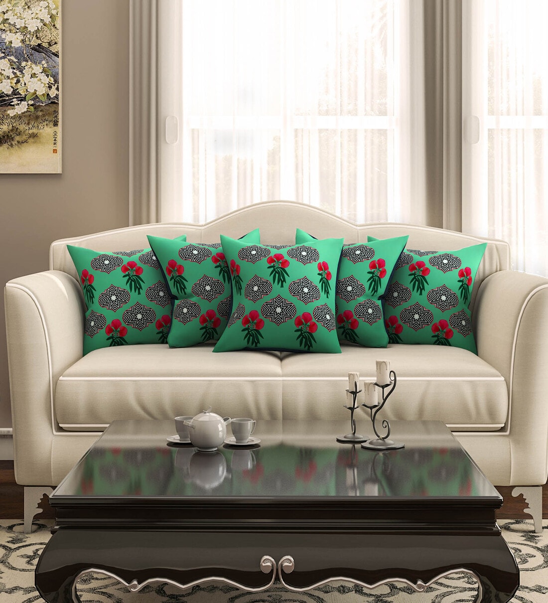 Buy Green Floral Premium 16 x 16 Inches Cushion covers (Set of 5) by