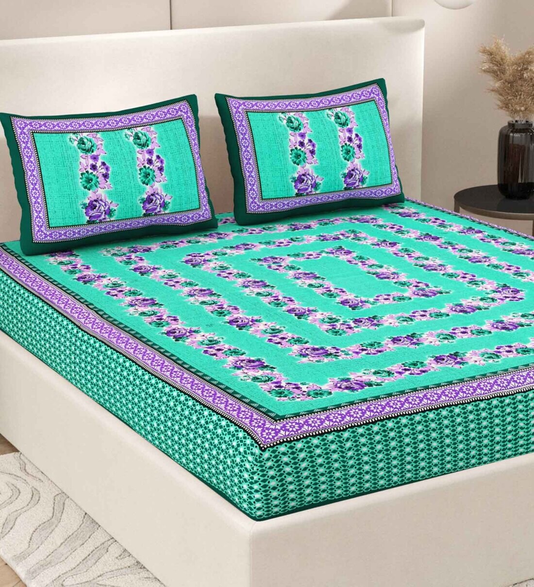 Buy Green Floral 200 Tc Cotton Double Queen Sized Bedsheet With 2 Pillow Covers By Patricko At 7413