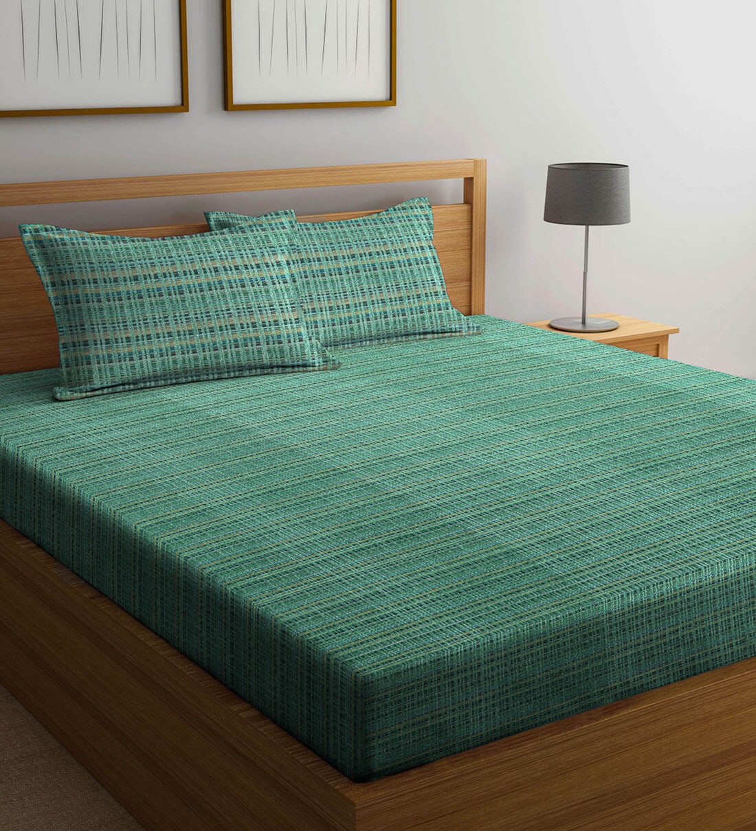 Buy Green Geometric TC 300 100% Cotton Queen Size Bedsheet with 2