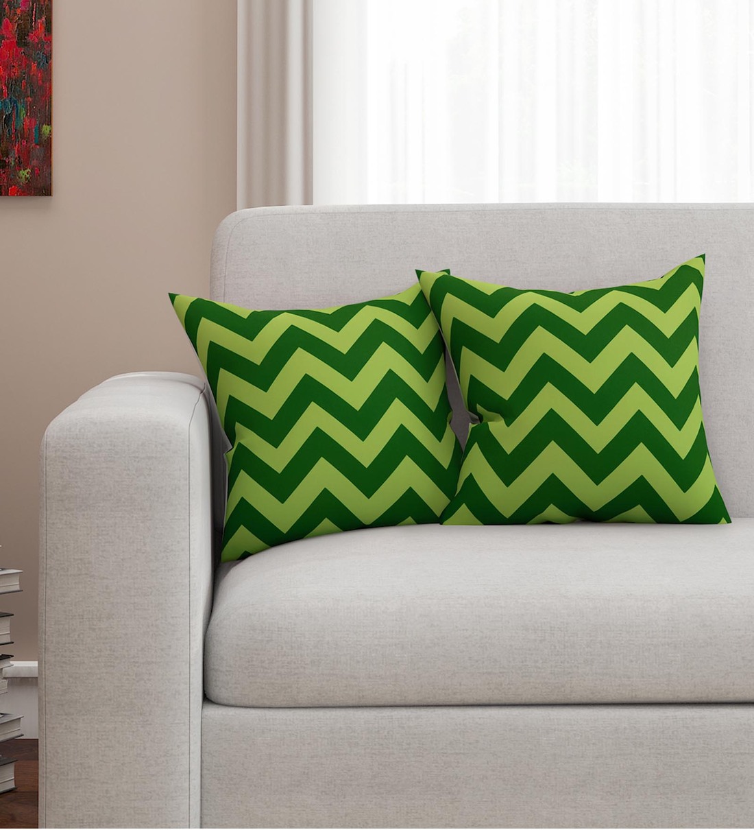 Buy Green Zig Zag Poly Cotton 16 x 16 Inches Cushion Covers (Set of 2 ...