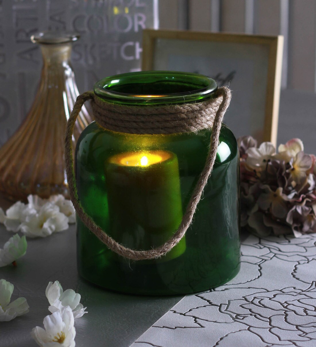 Green Glass Tea Light Holder