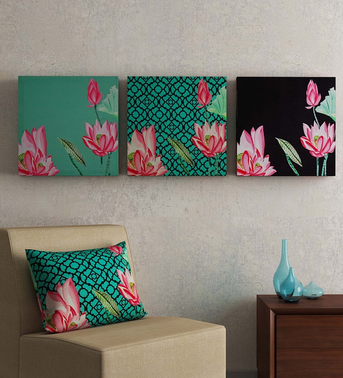 Buy Green MDF Wood Floral Framed Wall Art Sej by Nisha Gupta Set of 3
