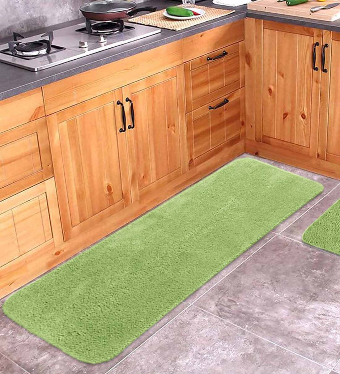 Buy Green Microfibre 39 x 16 Inches Machine Made Floor Runner by Saral