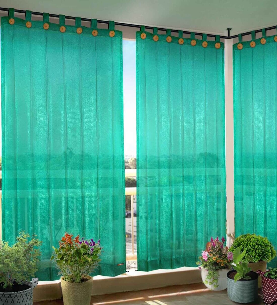 Buy Green Polyester Solid 5 ft Semisheer Loop Top Window Curtains (Set ...