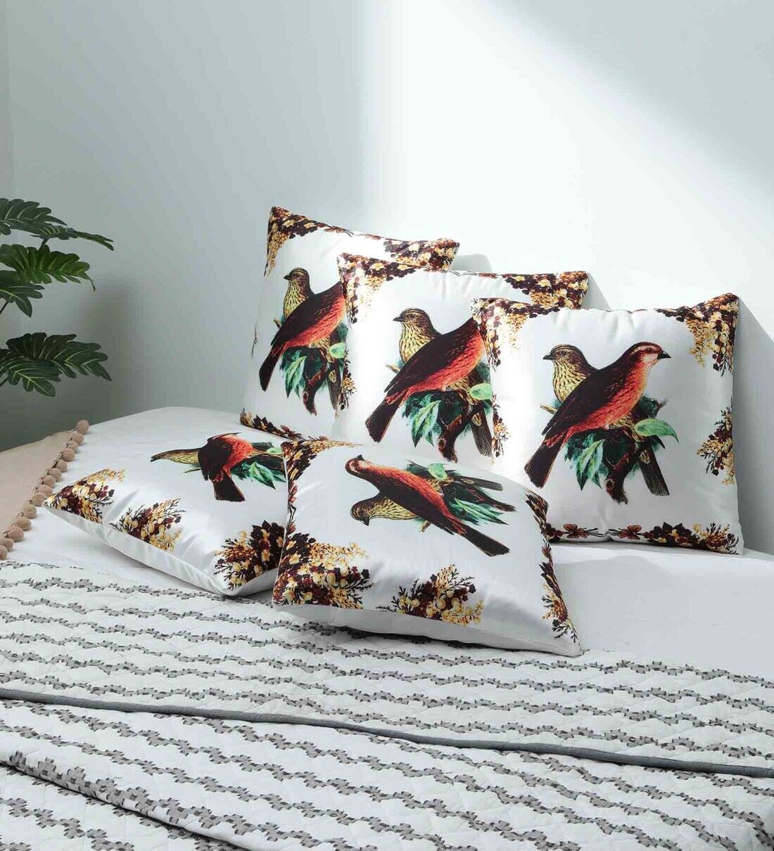 Buy Green Floral Satin 16 x 16 Inches Cushion Covers (Pack of 5) by