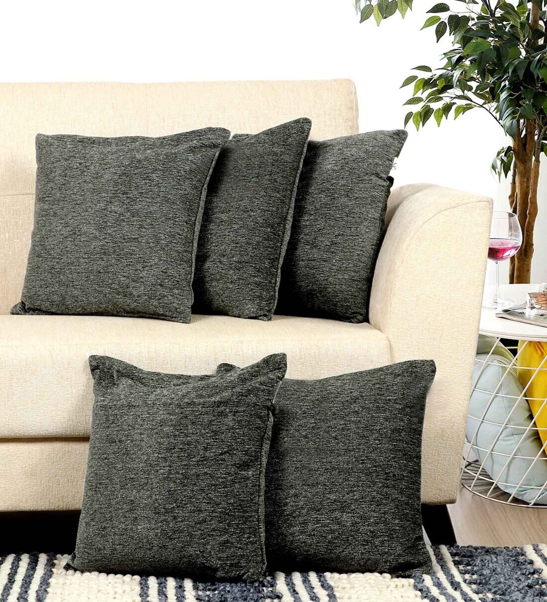 Buy Green Solid Chenille 16 X 16 Inches Cushion Cover (Set of 5) by