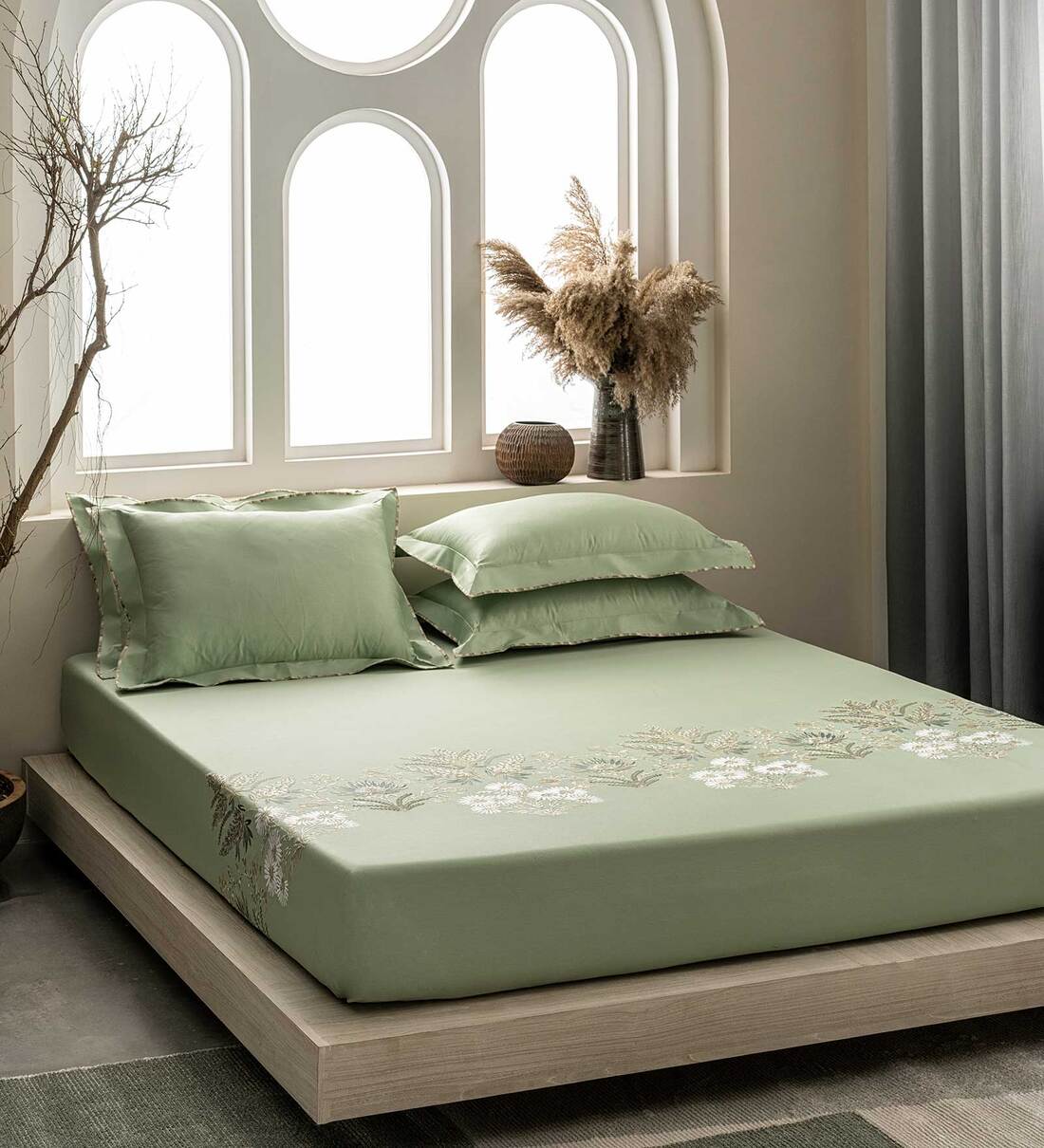 Buy Green Traditional 210 TC 100 Cotton King Sized Bedsheet With 2