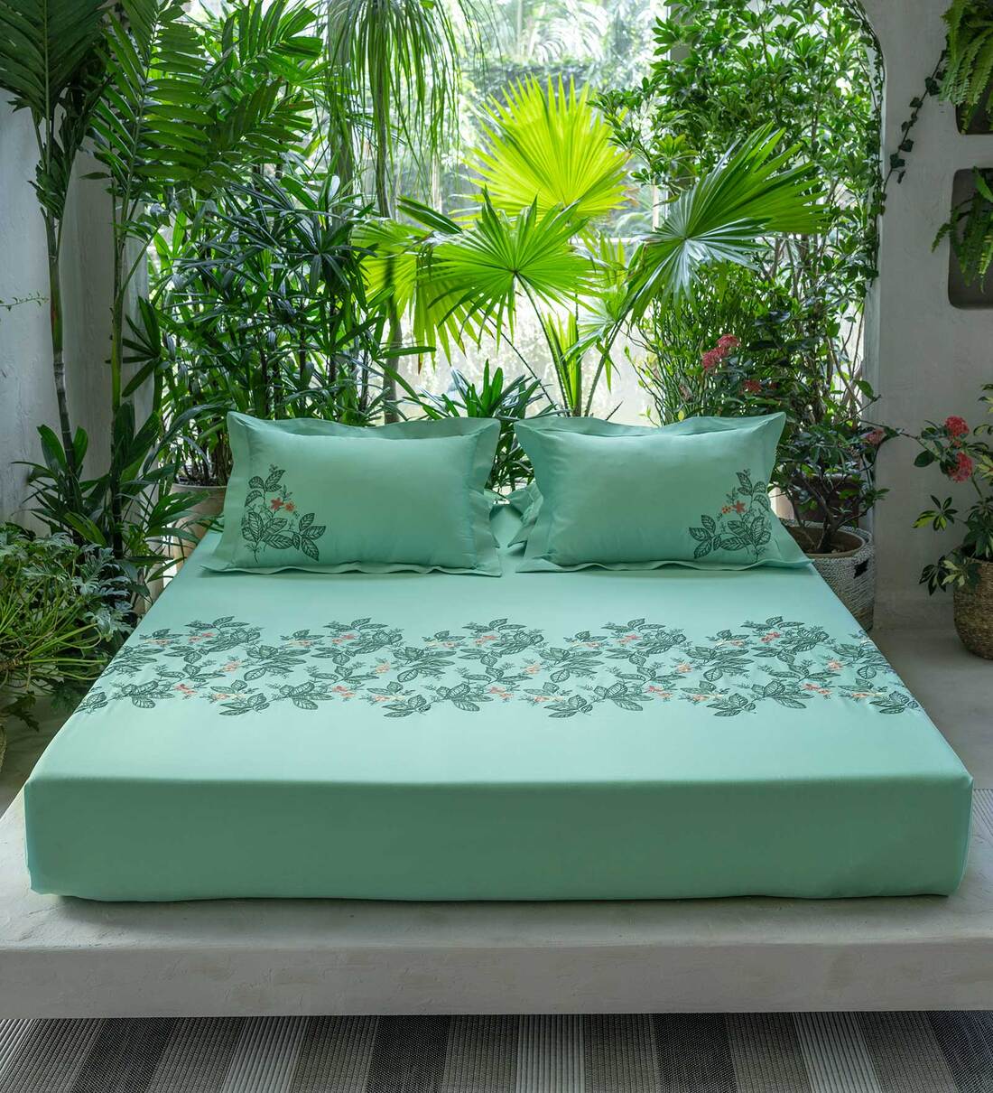 Buy Green Traditional 210 TC 100 Cotton King Sized Bed Sheets with 2