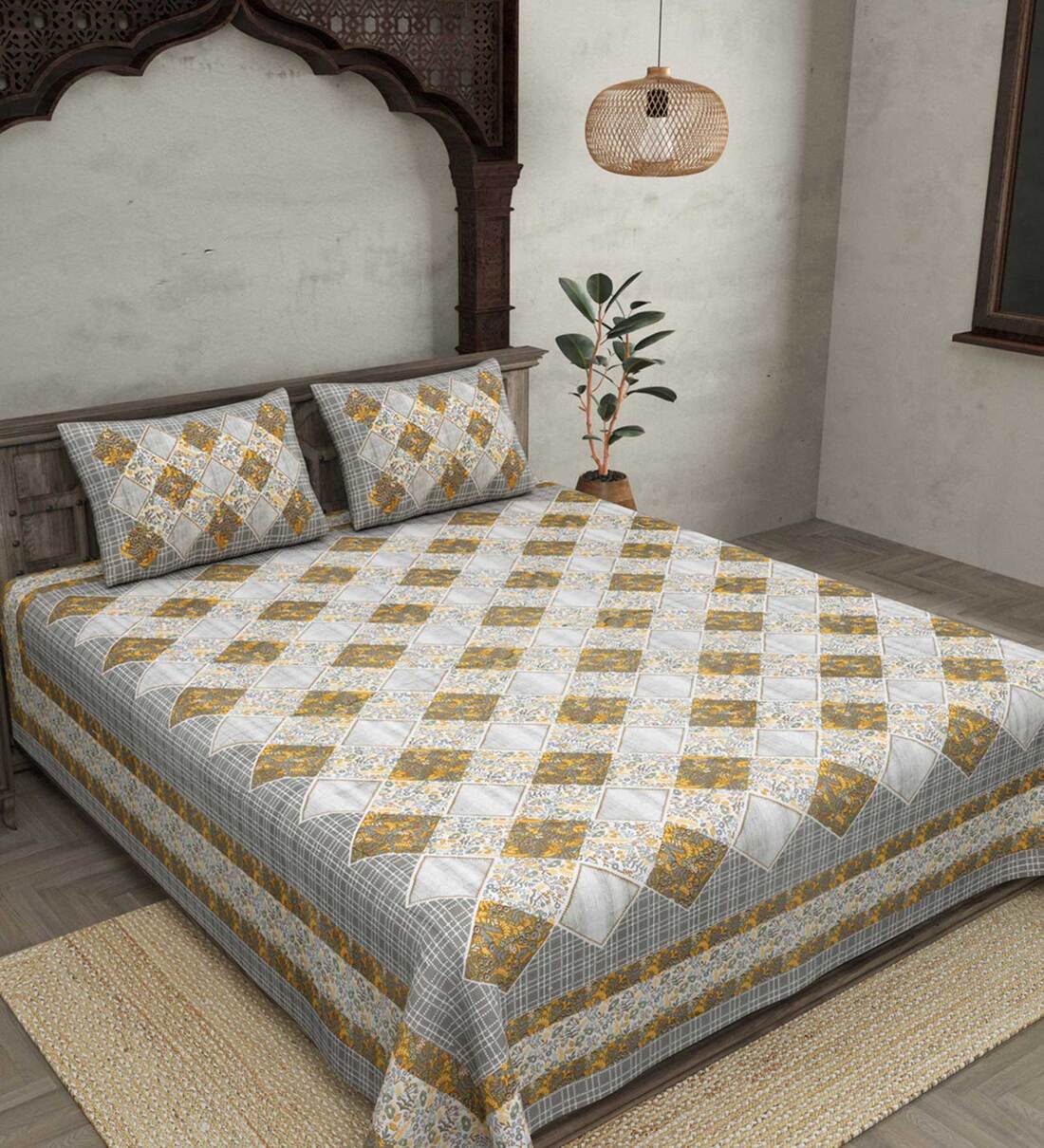 Buy Mustard Geometric 240 TC Cotton King Sized Bed Sheets with 2 Pillow