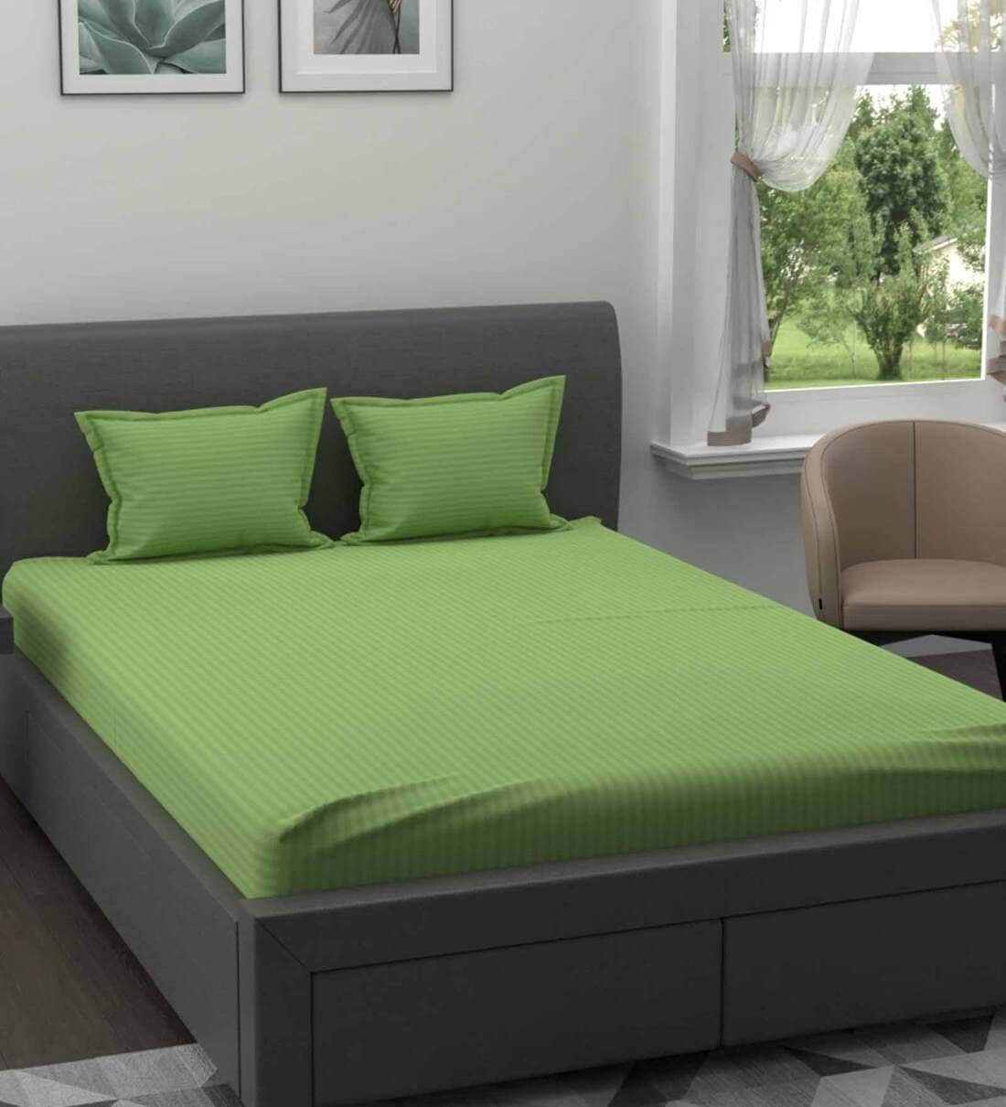 Buy Green Solid 300 TC Cotton Blend Queen Sized Bed Sheets with 2