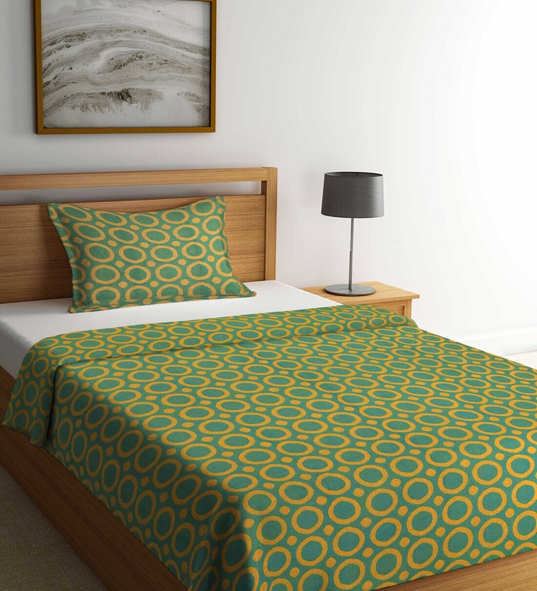 Buy Green Geometric 300 TC Cotton Single Bed Cover with 1 Pillow Cover