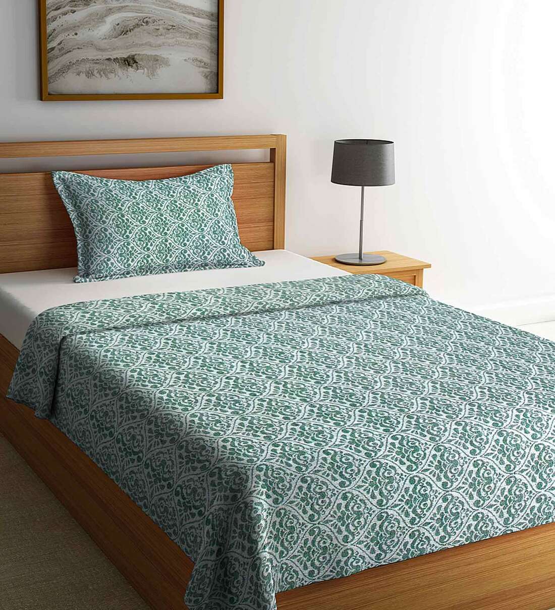 Buy Green Woven Design Cotton Single Bed Cover with Pillow Cover by