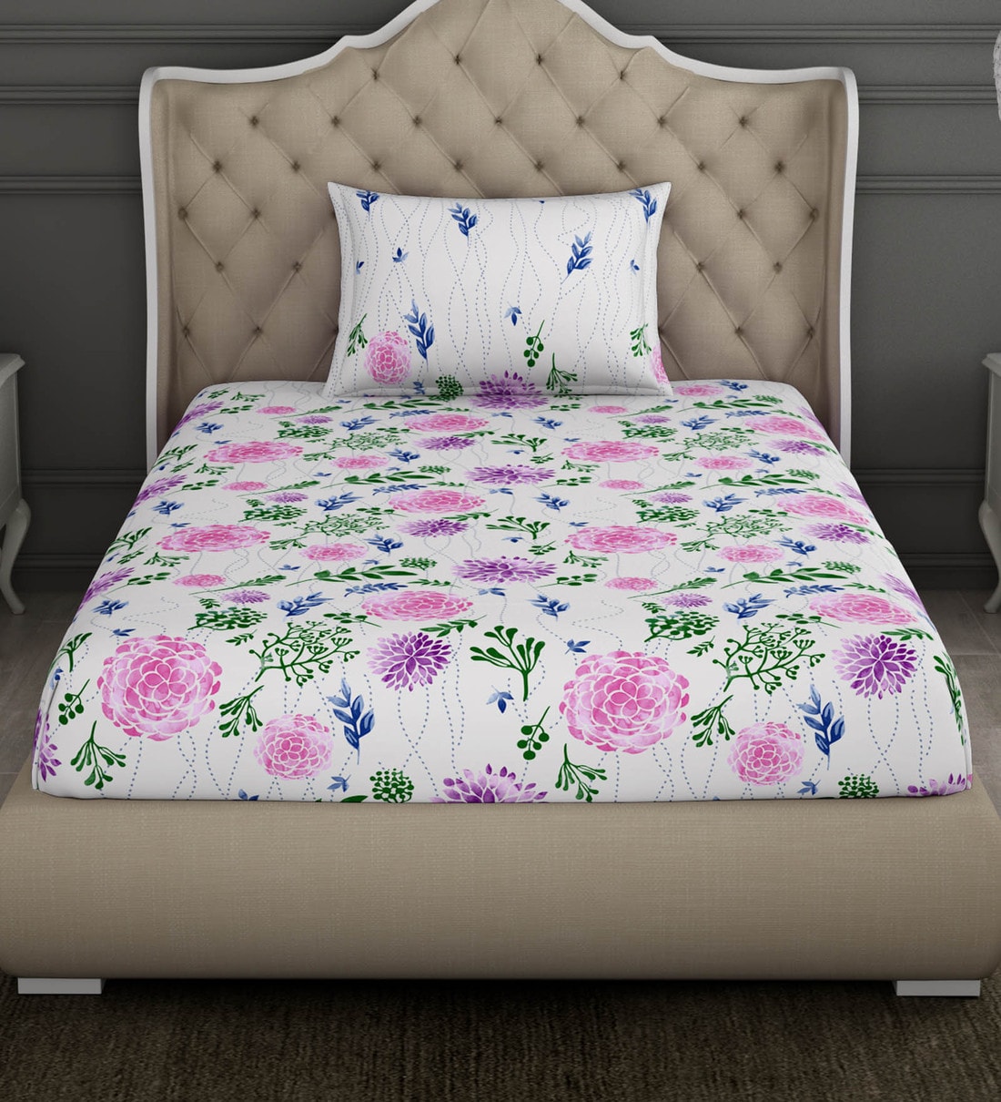 Buy Atrium Cotton 144TC Single Bedsheet with 1 Pillow Cover by Spaces Online Floral Single Bed