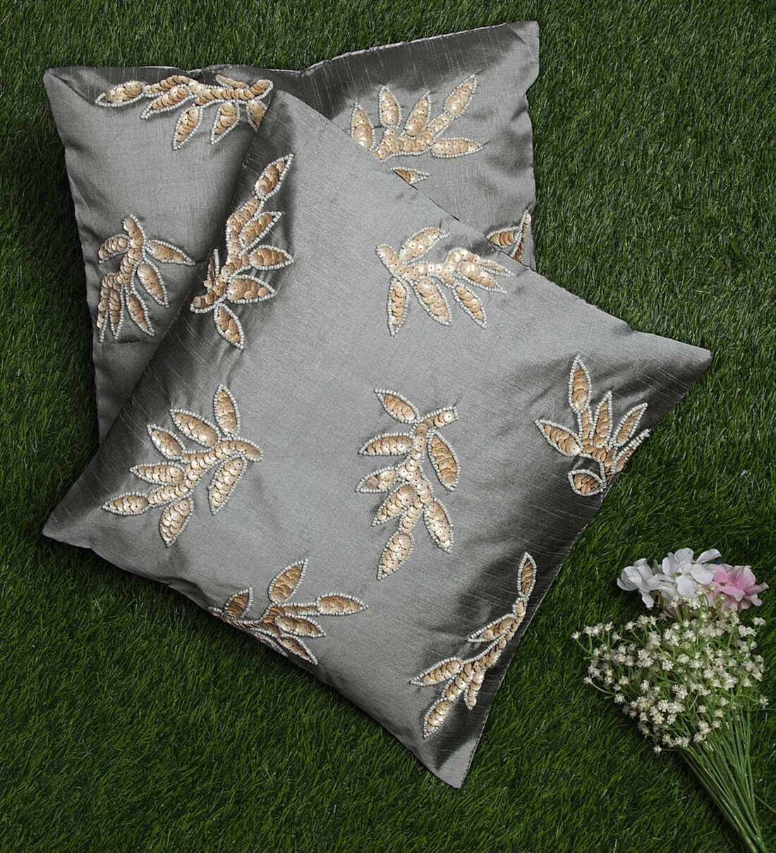 Buy Grey Embroidered ( Set of 2 ) Cushion covers 16x16 Inch Alina decor