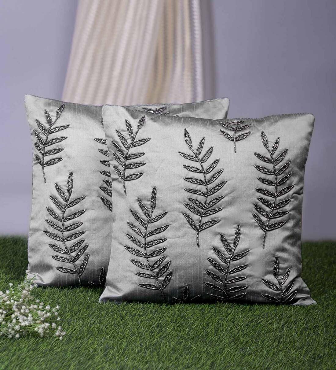 Buy Grey Embroidered ( Set of 2 ) Cushion covers 16x16 Inch Alina decor
