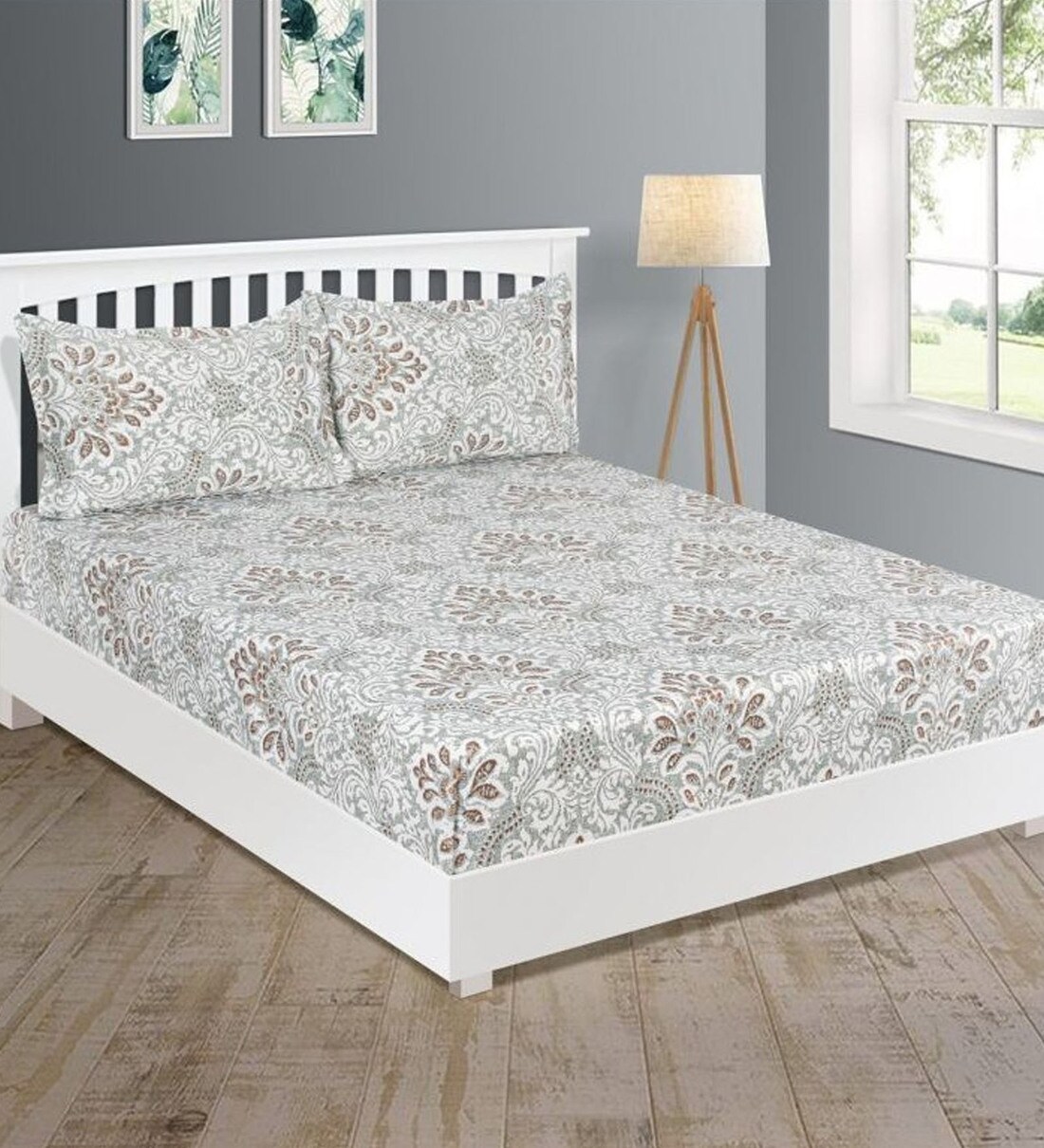 Buy Grey Ethnic Motif design 210 TC Cotton Extra Large Double Bedsheet