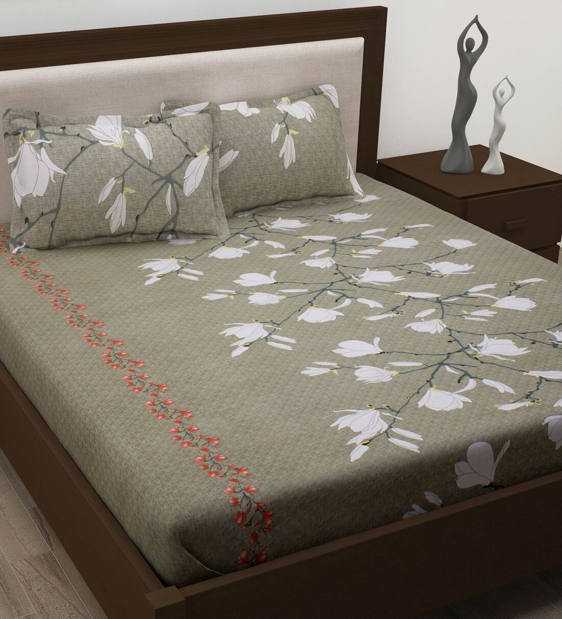 Buy Grey Floral 186 TC 100 Cotton Double Bedsheet with 2 Pillow cover