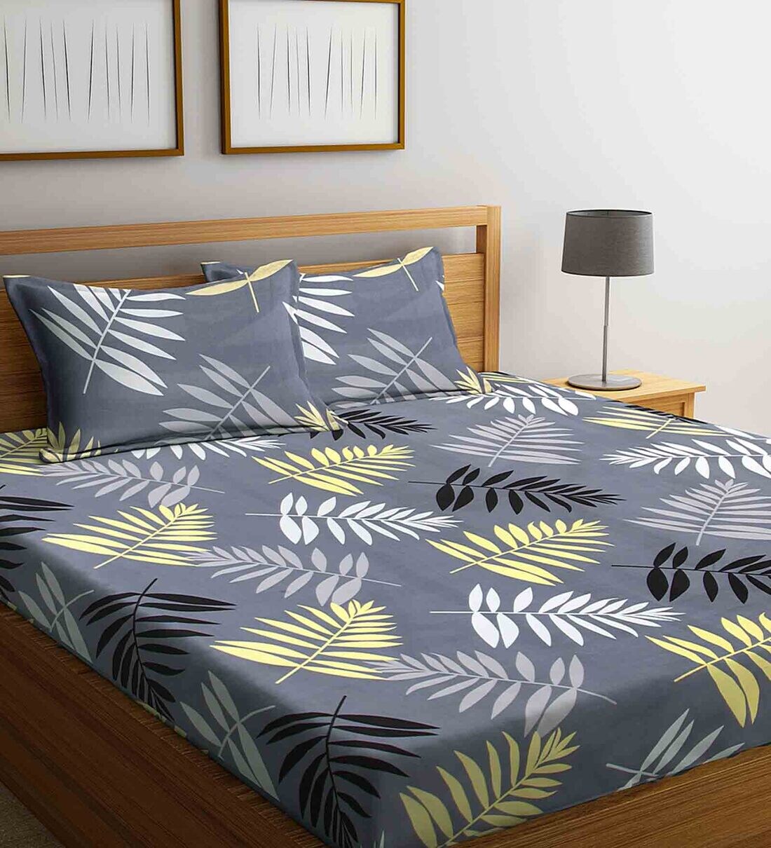 Buy Grey Floral 210 TC Cotton Blend 1 Double Bedsheet with 2 Pillow