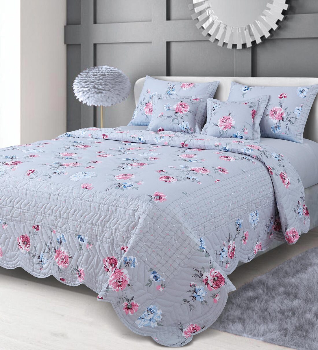 Buy Grey Floral 250 TC Cotton Quilted Double Bed Cover with 2 Pillow