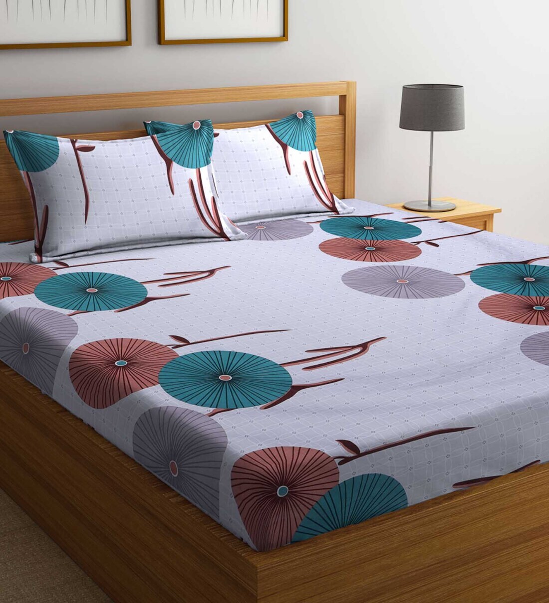 Buy Grey Floral 300 TC Cotton Blend Double Size Bedsheet With 2 Pillow