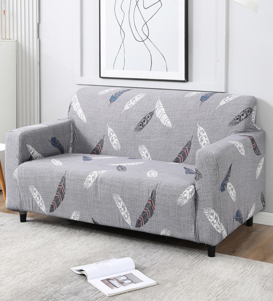 Grey Geometric Polyester 4 Seater Sofa Cover by HOKIPO