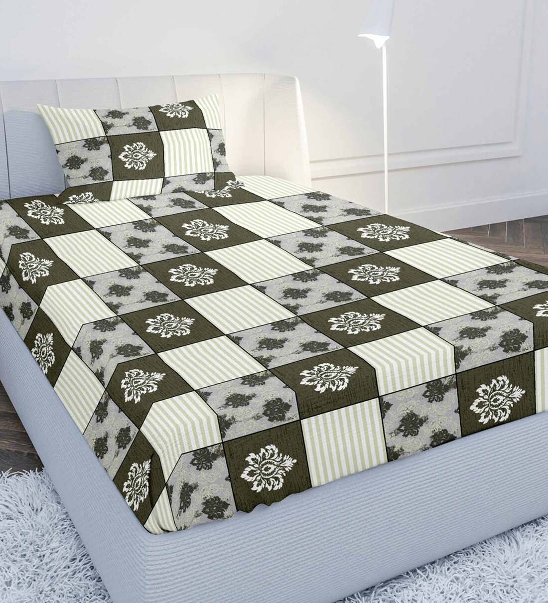 Buy Grey Geometric 104 TC Cotton Single Bedsheet With 1 Pillow Cover