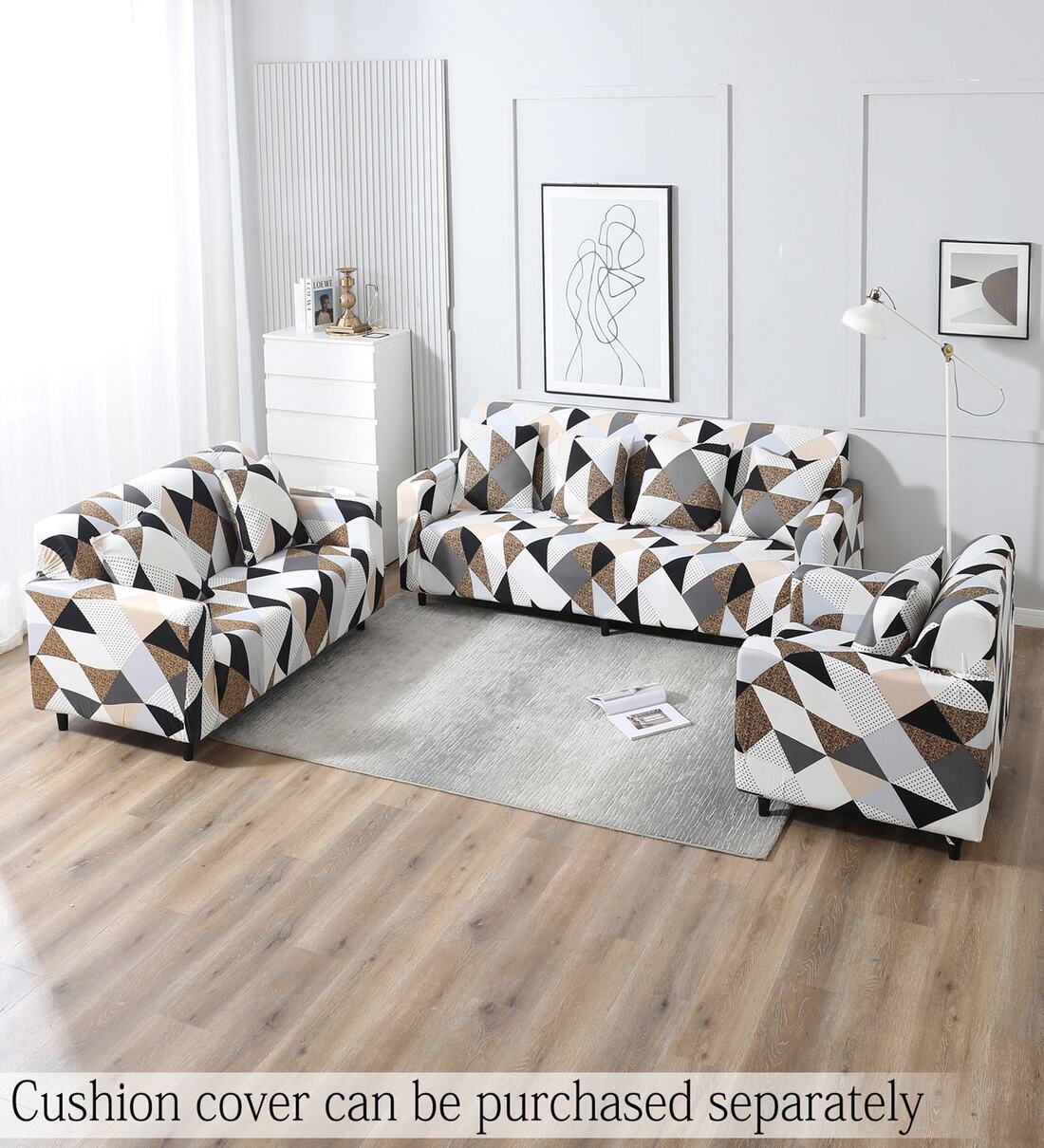 Grey Geometric Polyester 4 Seater Sofa Cover by HOKIPO