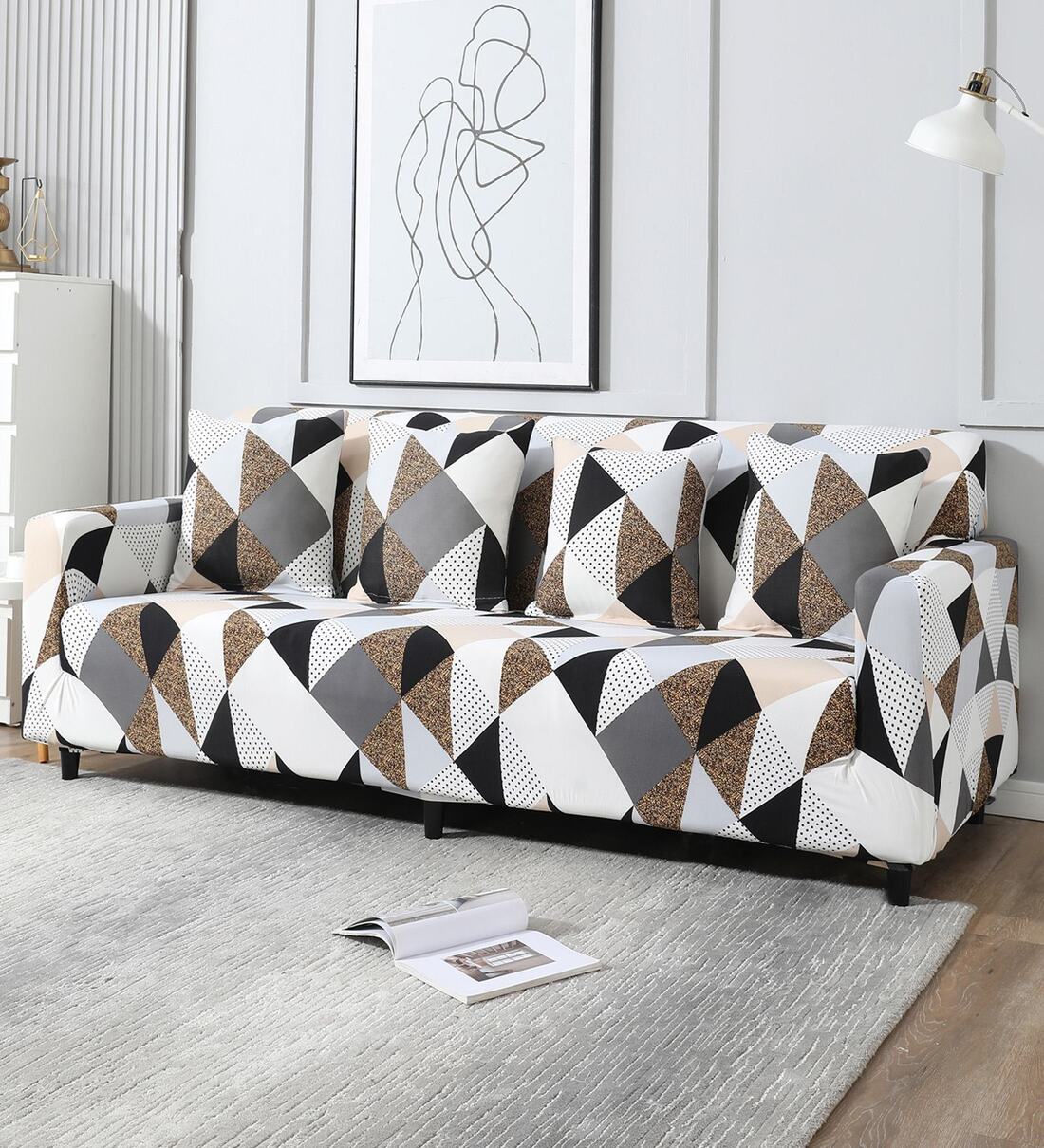 Grey Geometric Polyester 4 Seater Sofa Cover by HOKIPO