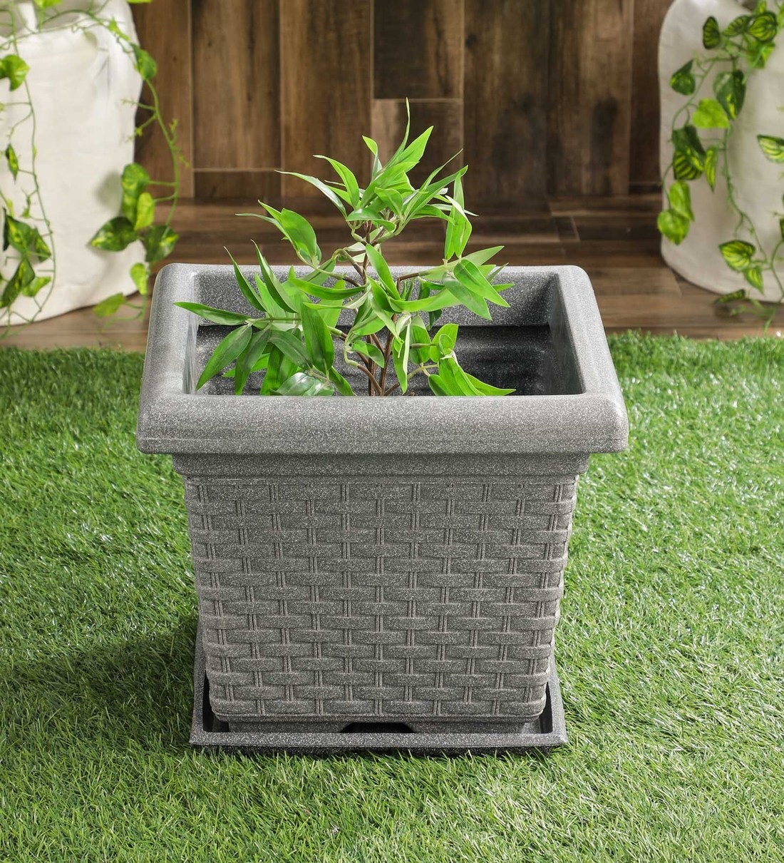 Buy Grey Plastic Garden Essential 13 Inch Square Marble Finish Indoor Planter Pot With Bottom Tray By Meded Online Floor Planters Pots Planters Home Decor Pepperfry Product