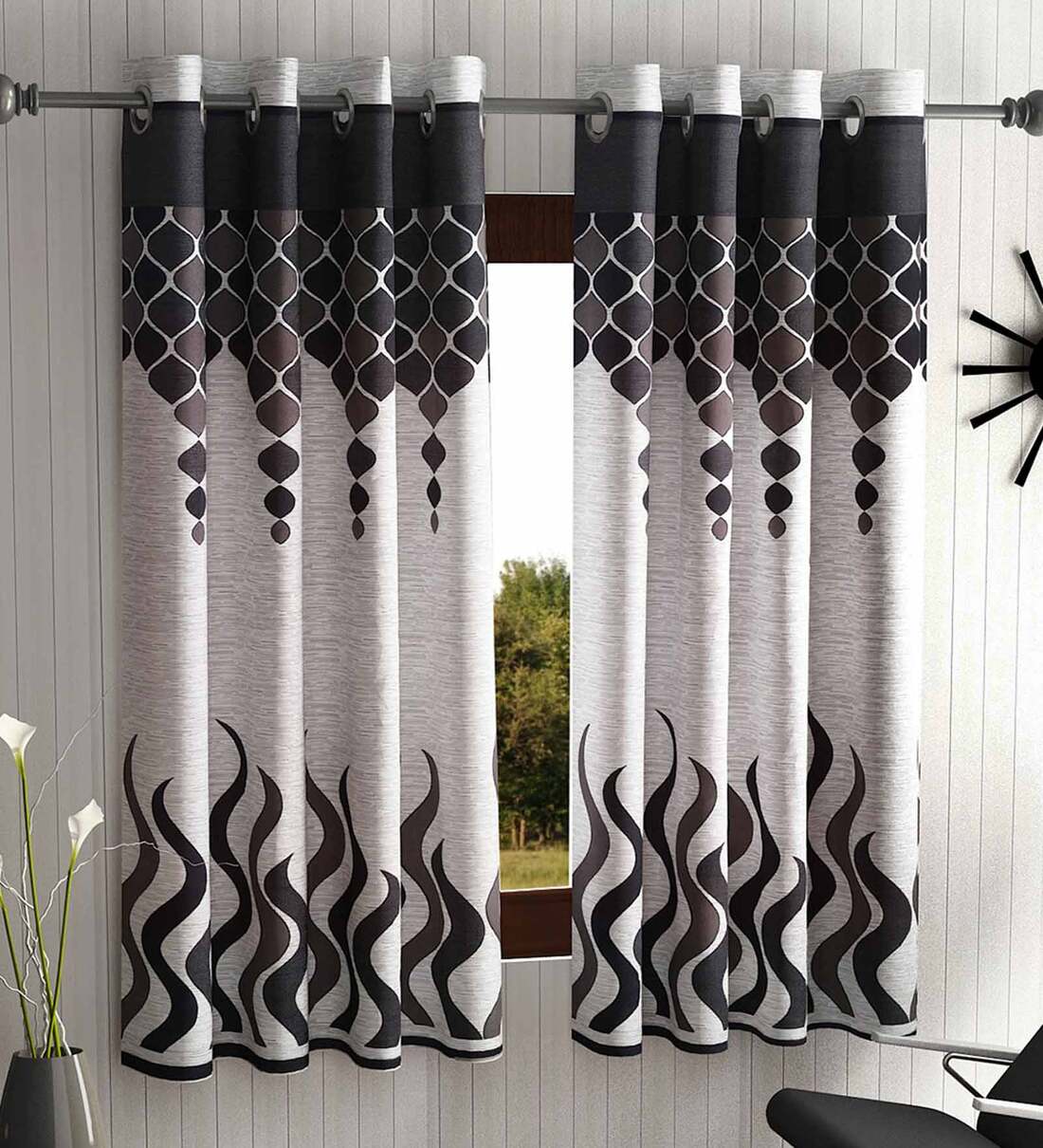 Buy Grey Polyester Abstract 5ft Semisheer Eyelet 2 Pcs Window Curtains