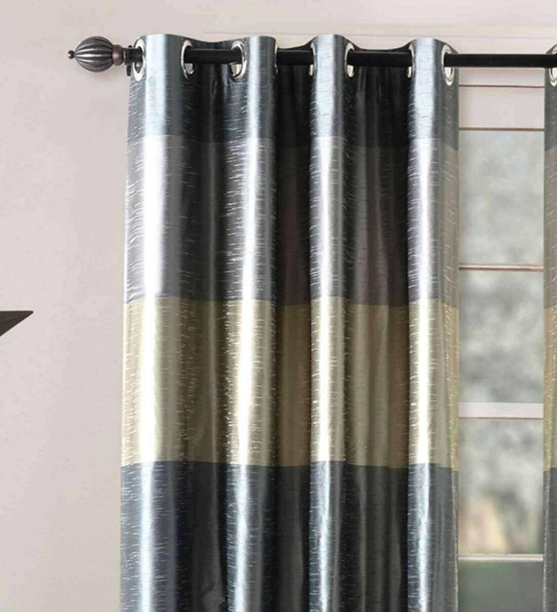 Buy Grey Polyester Striped 5 Ft Blackout Eyelet 2 Curtains by Deco
