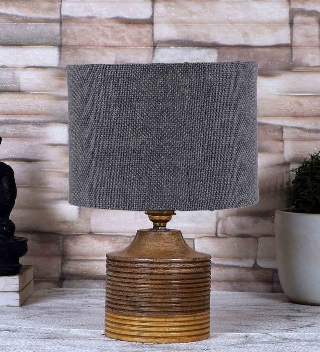 Grey Shade Table Lamp With Wood Base By New Era - Main Image