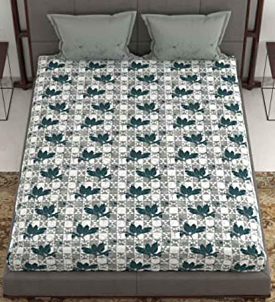 Buy Green Floral 120 TC Cotton King Sized Bed Sheets with 2 Pillow