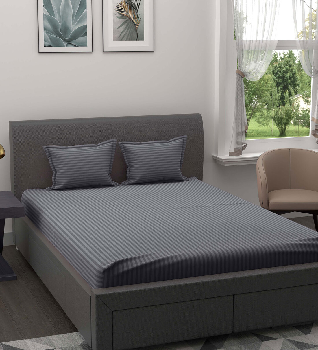 Buy Grey Striped 150 TC Cotton Queen Sized Bed Sheets with 2 Pillow