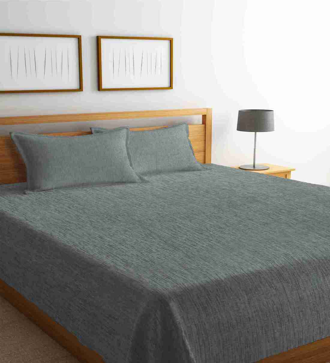 Buy Grey Solid 300 TC Cotton 1 King Sized Double Bedcover With 2 Pillow