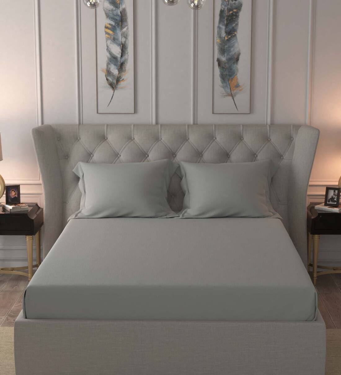 Buy Grey Solid 300 TC Cotton King Sized Bed Sheets with 2 Pillow Covers