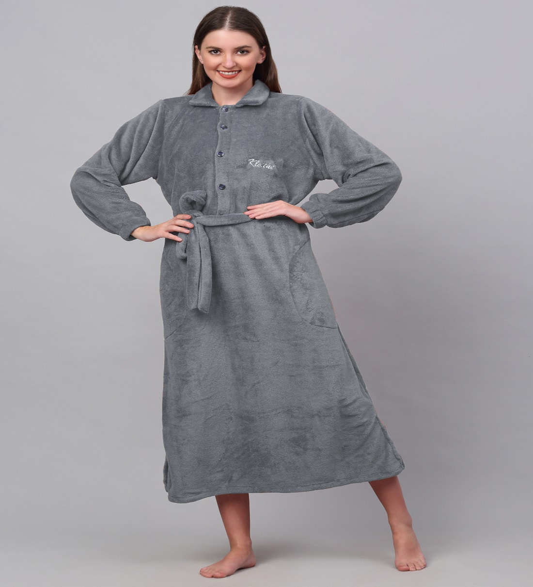 Buy Grey Solid Woolen Women Bath Robe With Belt (L) By Klotthe Online ...