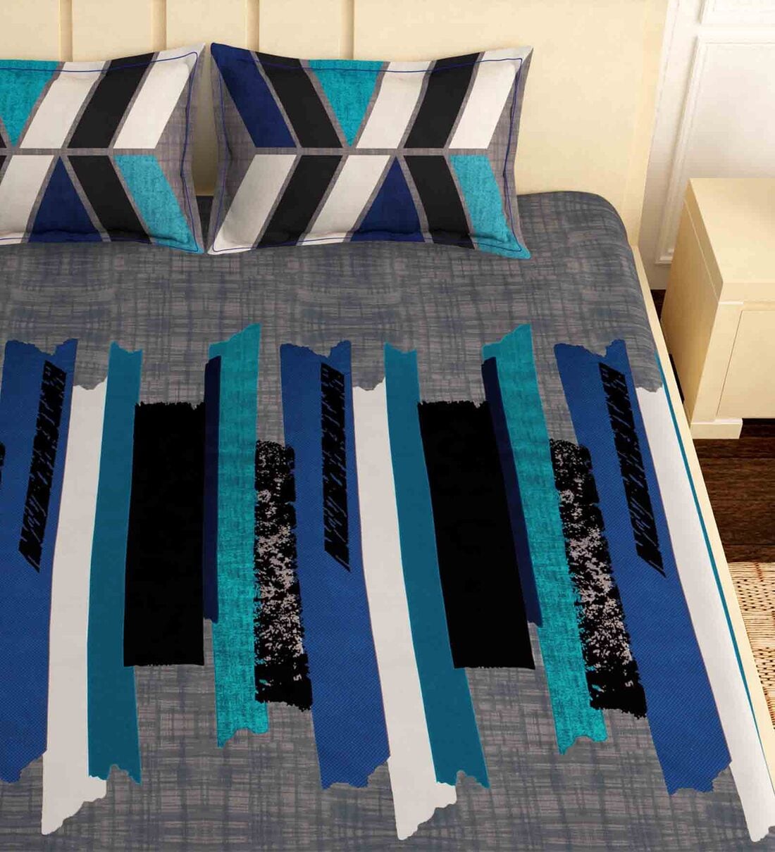 Buy Grey Striped 300 TC 100 Cotton Double King Size Bedsheet with 2 Pillow Covers by StoryHome