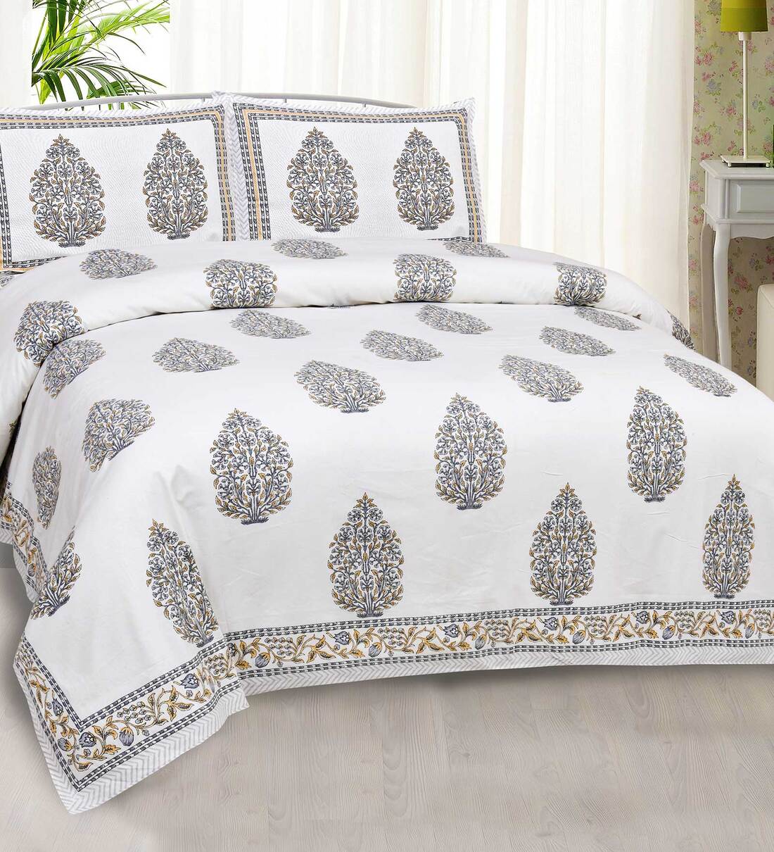 Buy Grey Traditional 300 TC Cotton Queen Sized Bed Sheets with 2 Pillow